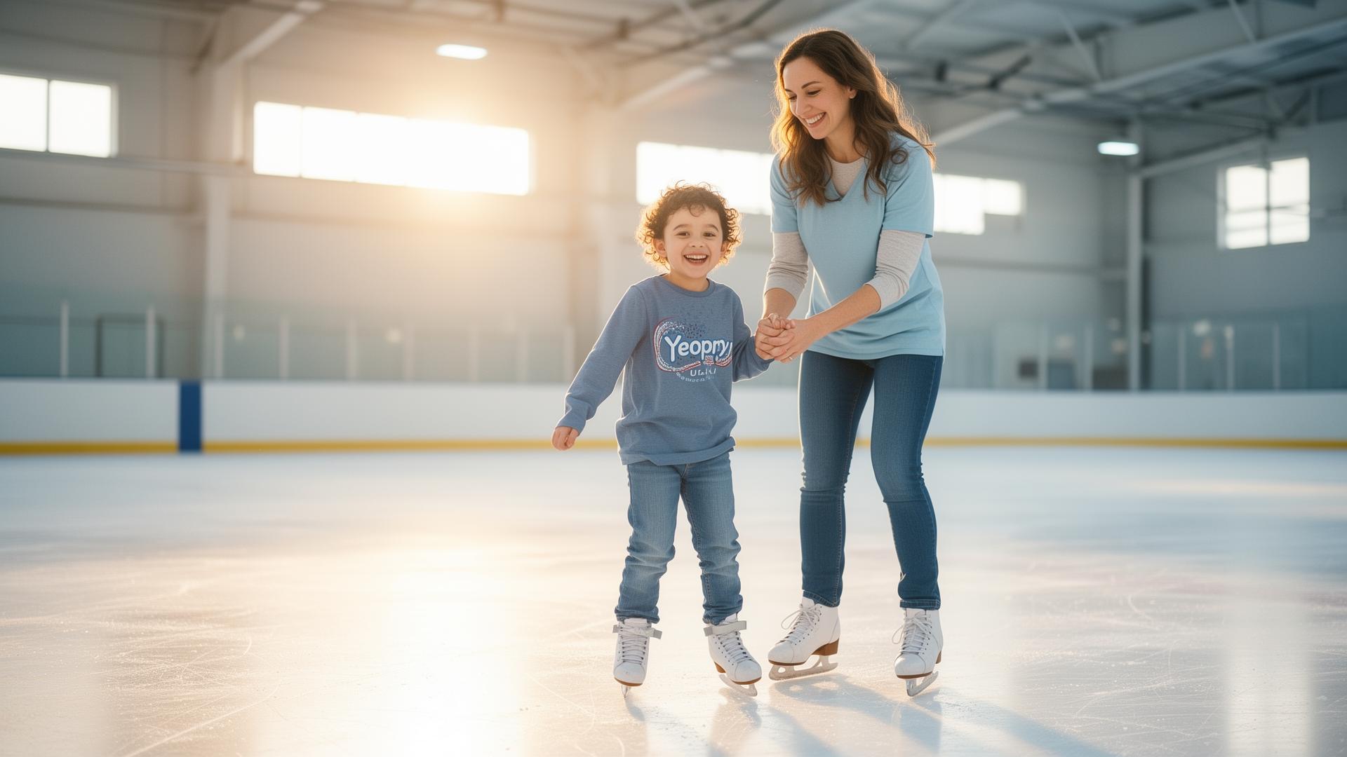 A young child laughs while learning to ice skate, supported by a coach
