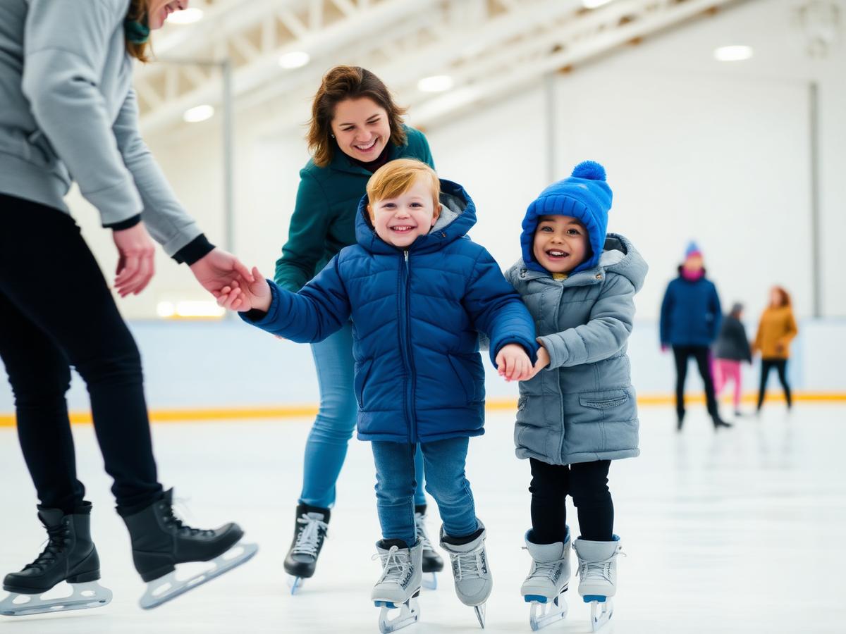 Children skating supported by a volunteer on the ice
